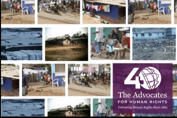 [ai] A collage of images depicting informal settlements and communities, with people engaged in daily activities and laundry hanging. The bottom right corner features a logo for The Advocates for Human Rights, celebrating 40 years of advocacy.
